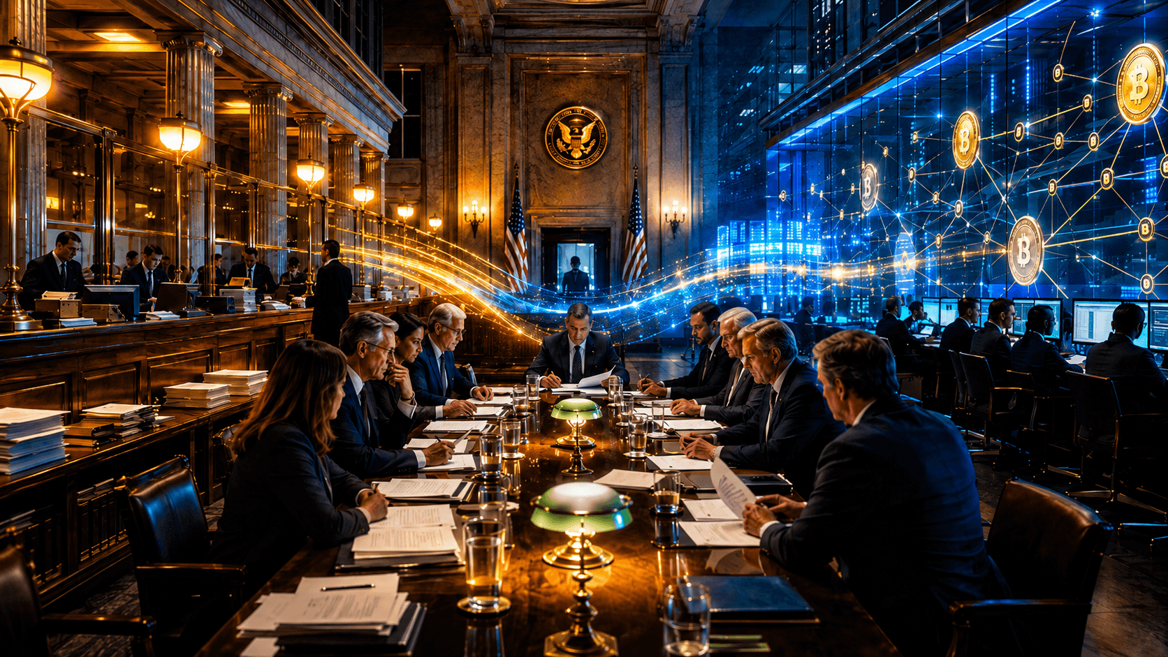 A cinematic policy-room scene showing traditional banking systems and digital stablecoin payment rails colliding over the future of money.