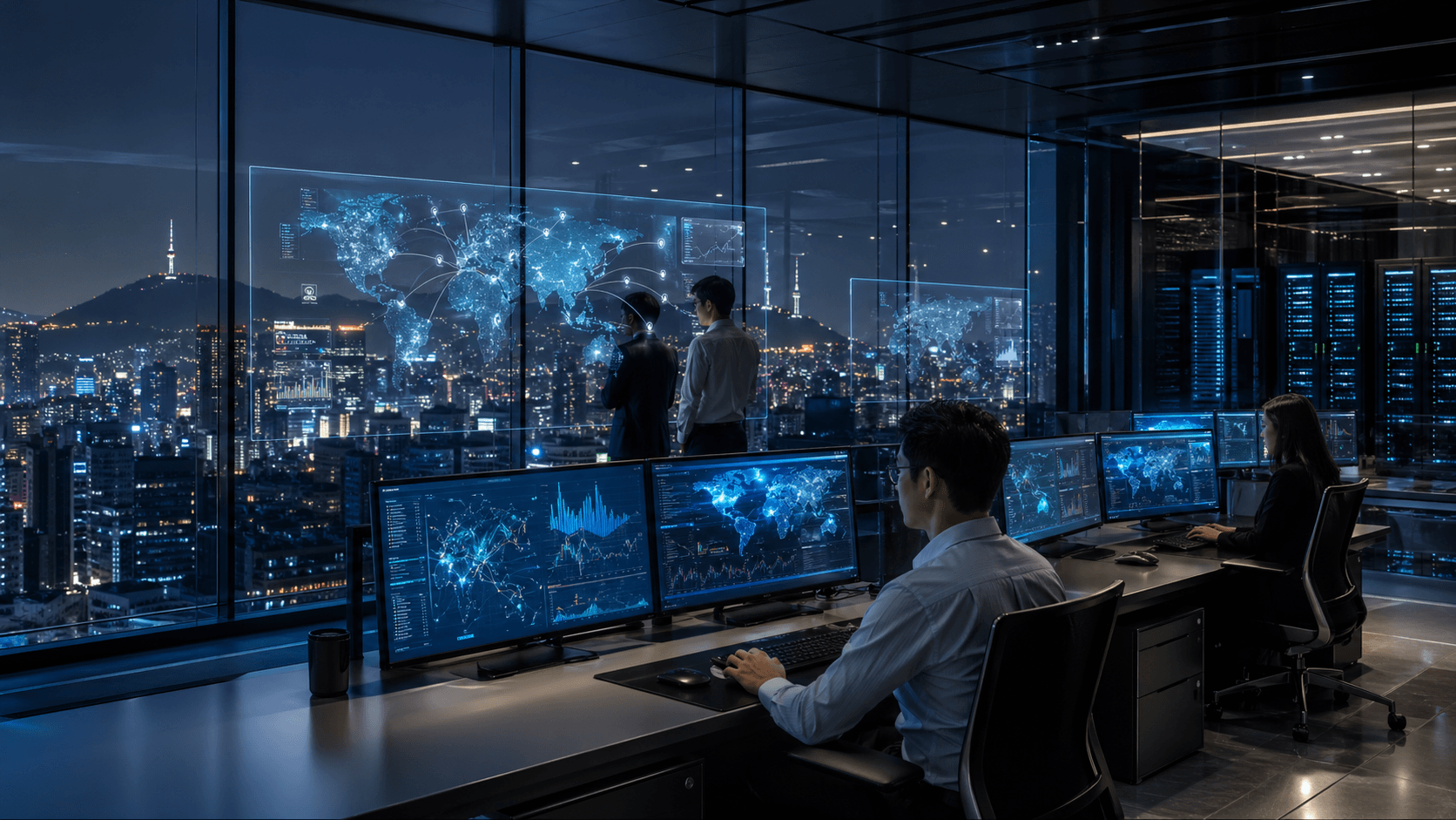 A photorealistic scene of a modern Seoul digital bank operations room showing analysts monitoring secure global payment flows and blockchain-style financial infrastructure