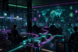 A futuristic global payments control room showing stablecoin rails, bank settlement systems and digital dollar flows moving through hidden payment infrastructure.