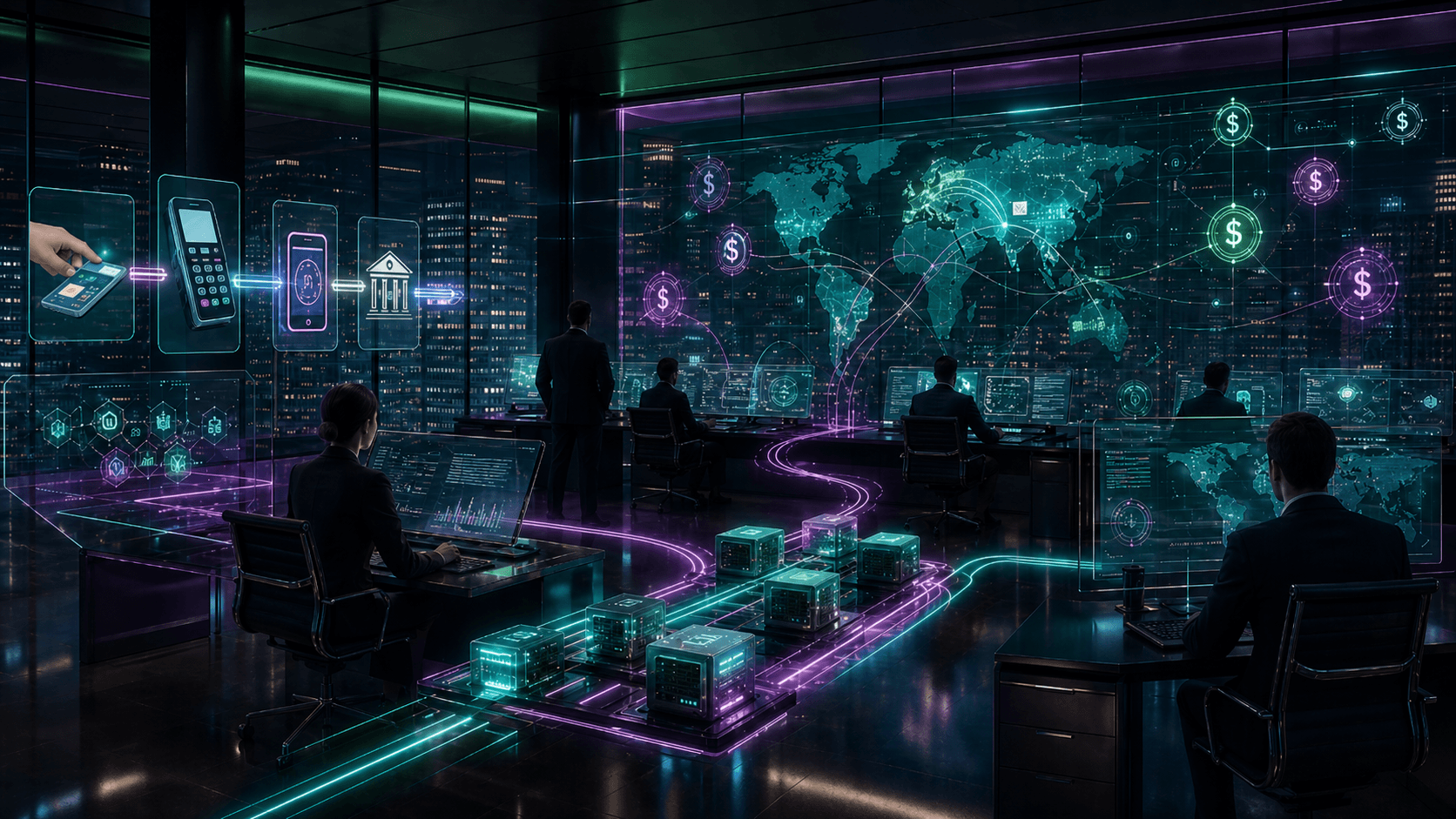 A futuristic global payments control room showing stablecoin rails, bank settlement systems and digital dollar flows moving through hidden payment infrastructure.