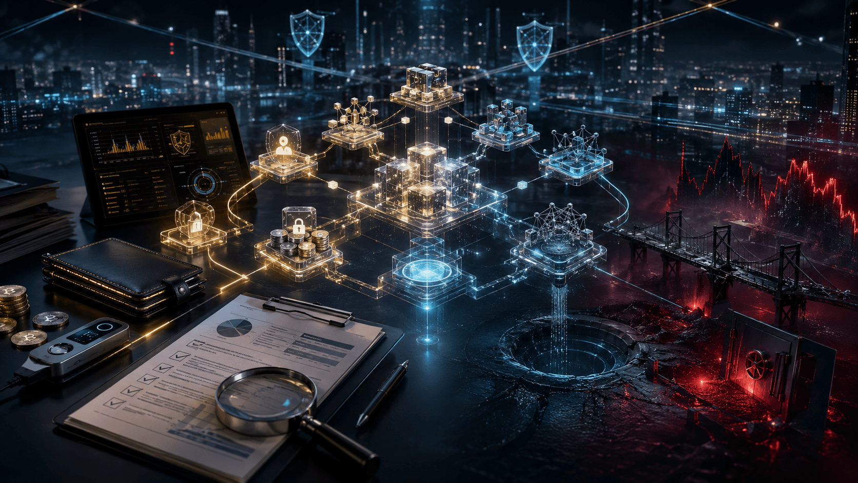 A cinematic DeFi safety scene shows a glowing protocol model, wallet controls, bridge risks, liquidity pools, and security checks before depositing funds.