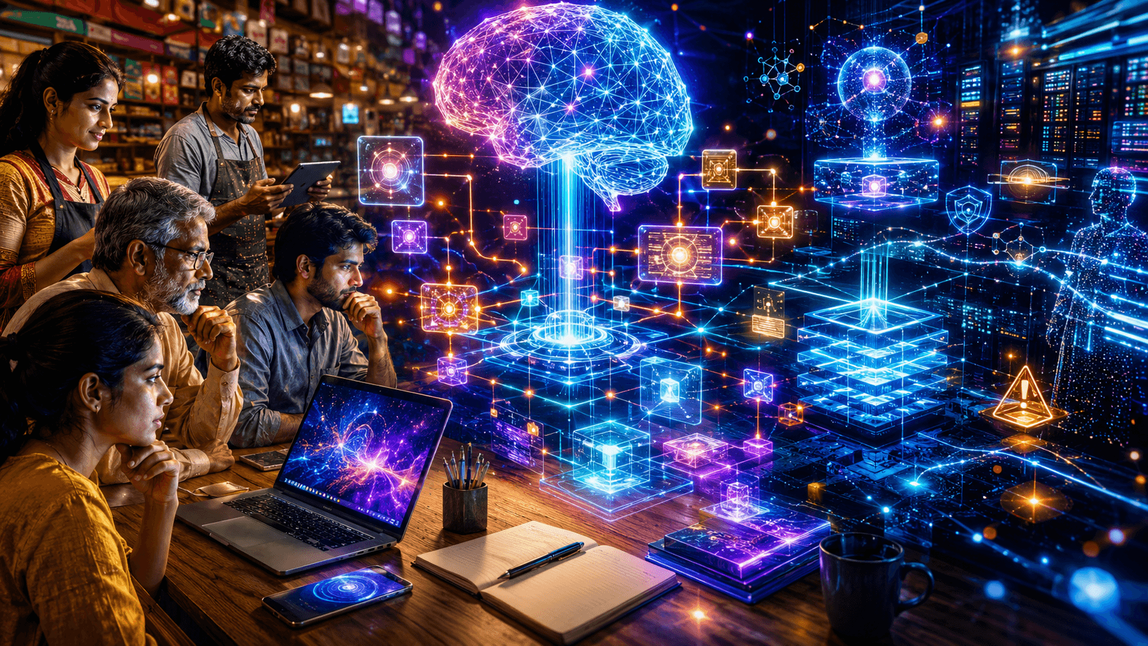 A cinematic image of everyday users facing a glowing AI knowledge interface that symbolises the need to understand common artificial intelligence terms.