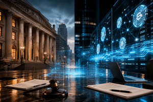 A cinematic financial scene showing a traditional bank and a digital finance command centre connected by glowing payment rails and regulatory documents.