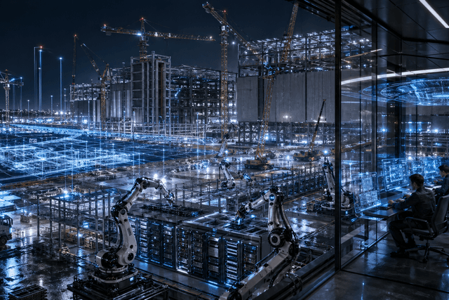 A futuristic AI data centre construction site showing robots, engineers and glowing infrastructure systems building the physical backbone of artificial intelligence.