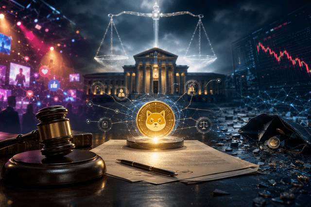 A cinematic courtroom scene shows a glowing memecoin between celebrity promotion imagery and a collapsing crypto market, symbolising legal scrutiny of token promises.