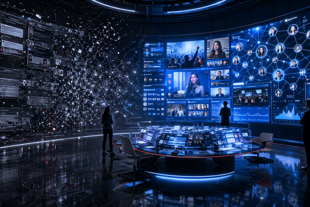 A futuristic digital control room shows old-style social communities fading while creator-focused dashboards and community support tools glow on the other side.